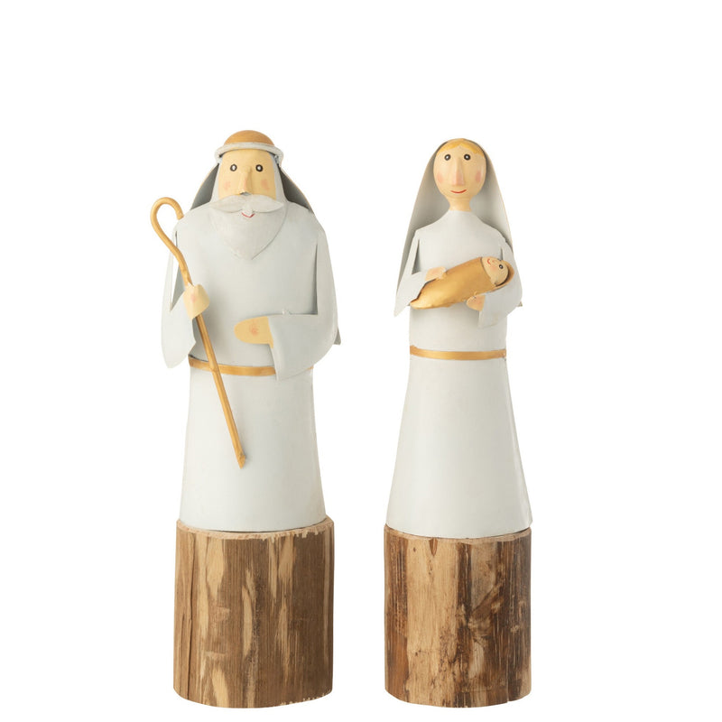 Set of 4 Maria &amp; Josef made of metal on a wooden base - white/gold, 2 assorted