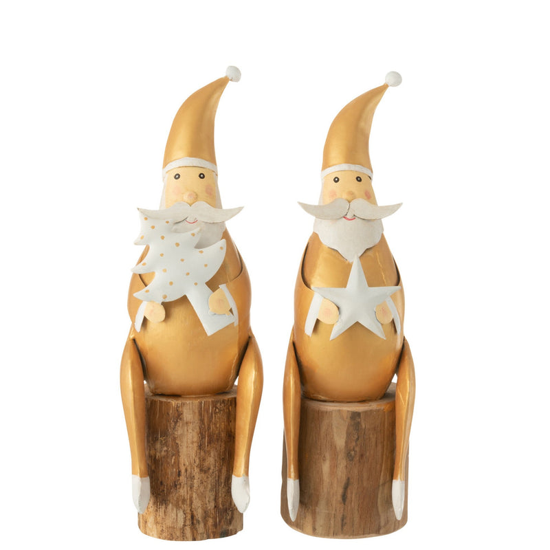 Santa Claus Metal on Tree Trunk, Set of 4, White/Gold, with Christmas Tree &amp; Star