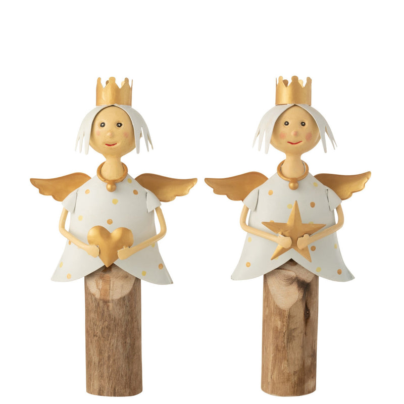 Angel Metal Set of 4, White/Gold, with Star &amp; Heart, Tree Trunk Base