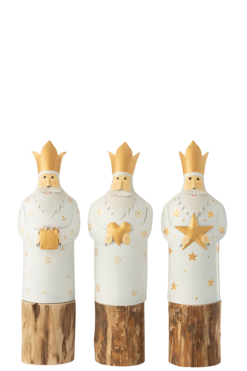 Heilige Drie Koningen van metaal, handgeschilderd wit/goud, op houten stam