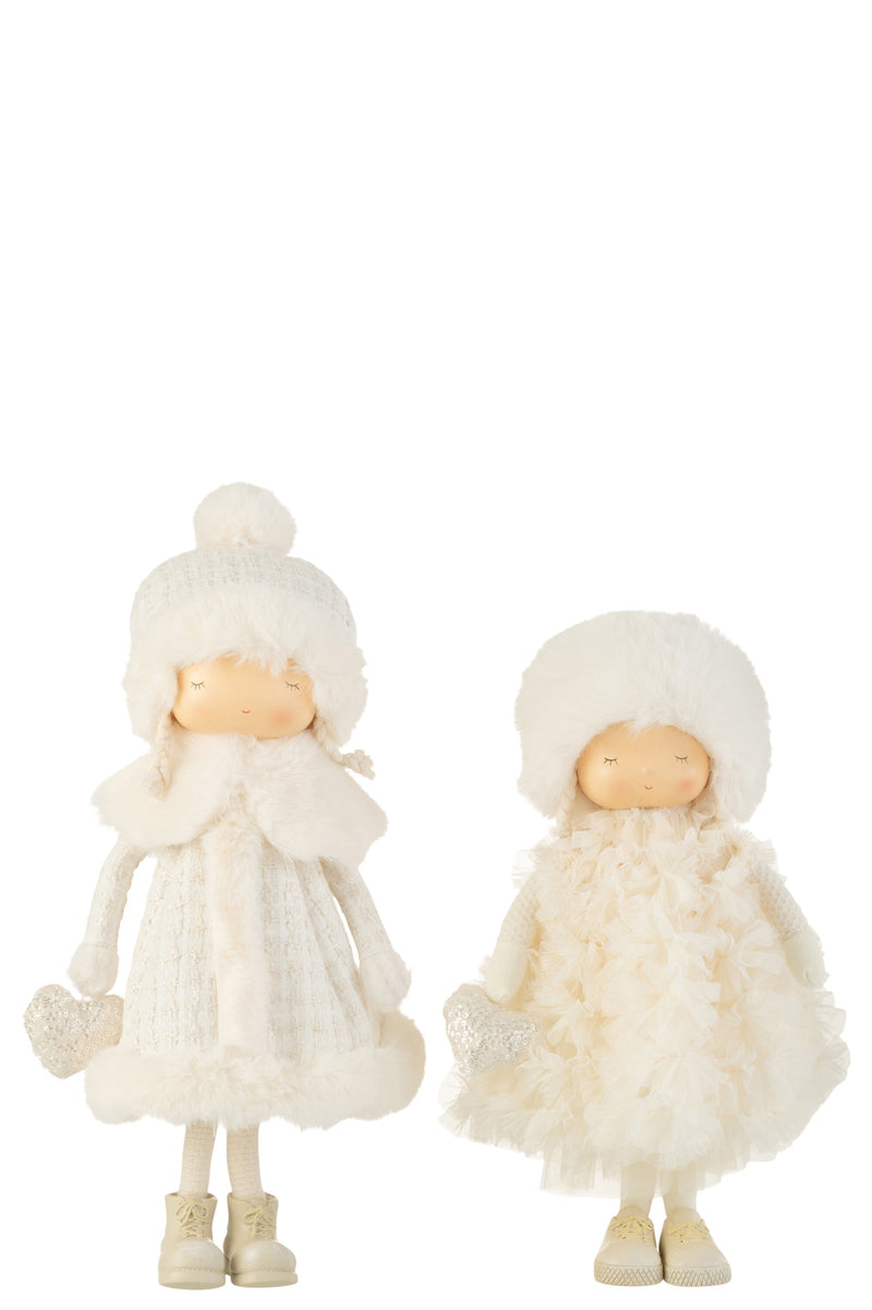 Set of 2 girl figures with winter clothing, fur &amp; textile in white height 45cm