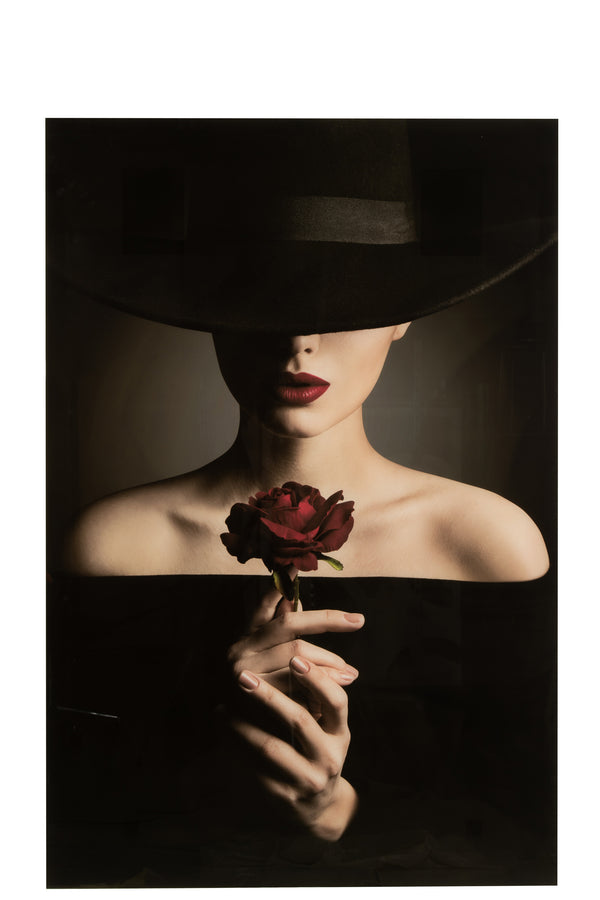 Elegant glass mural woman with red lips, rose and black hat