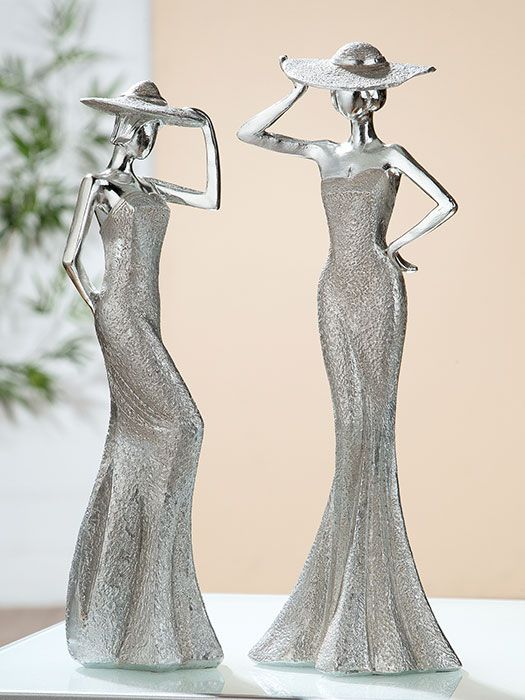 Set of 2 Poly Lady Diva with hands on hat - stylish silhouettes in silver colors