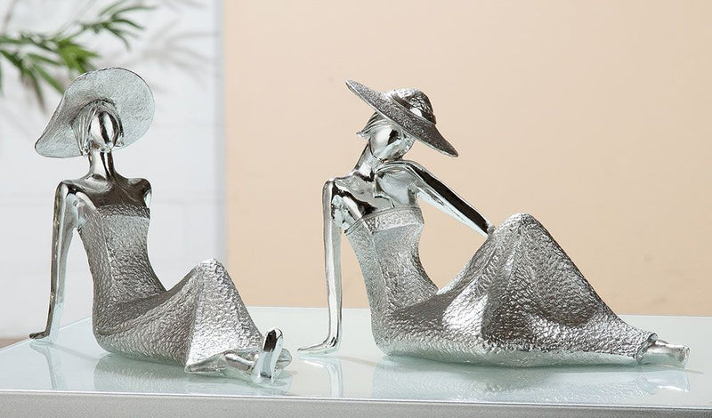 Set of 2 Poly Lady Diva Sitting Lying - Elegant representation in silver colors