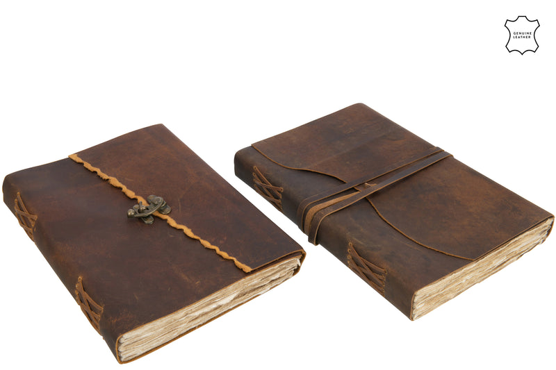 Set of 2 antique leather and paper books in dark brown gift box