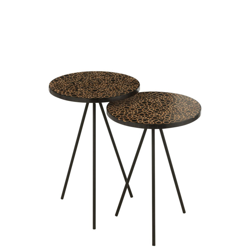 Side table Rings – wood/glass – brown/black – set of 2