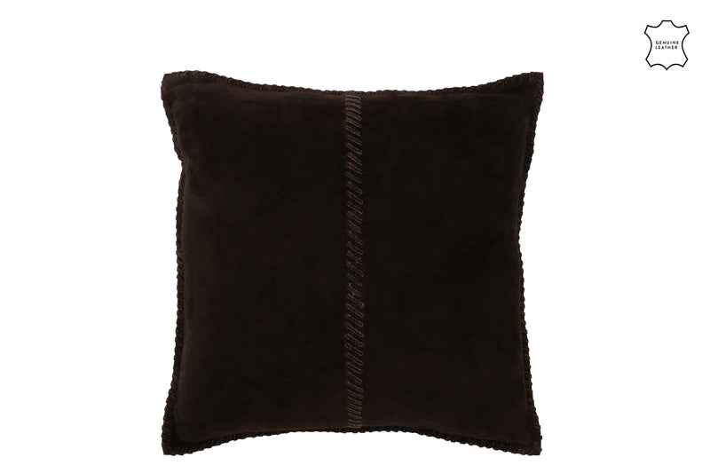 Set of 2 genuine leather cushions in dark brown with a characteristic center line