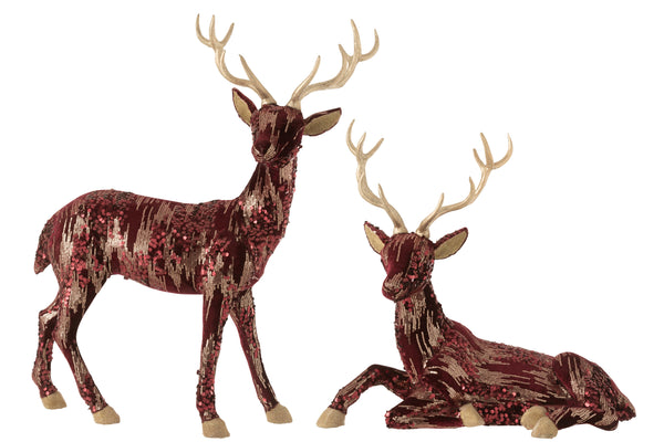 Elegant set of 2 standing and lying reindeer in burgundy sequin - perfect for festive interior decoration