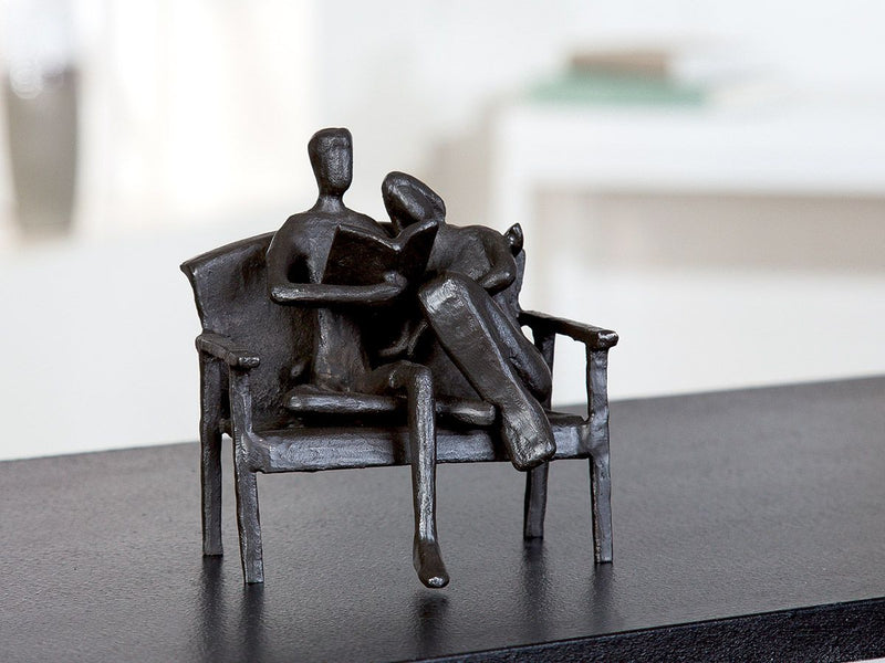 Iron Design Sculpture 'Reader' - Burnished couple on bench with book