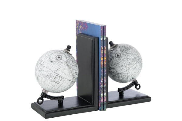 Set of 4 bookends - world globe in elegant gray on black wood