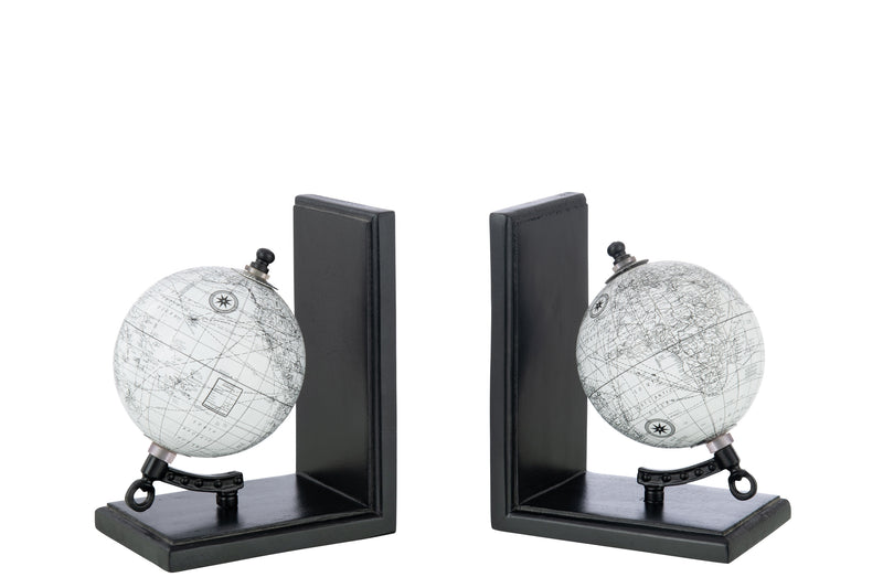 Set of 4 bookends - world globe in elegant gray on black wood