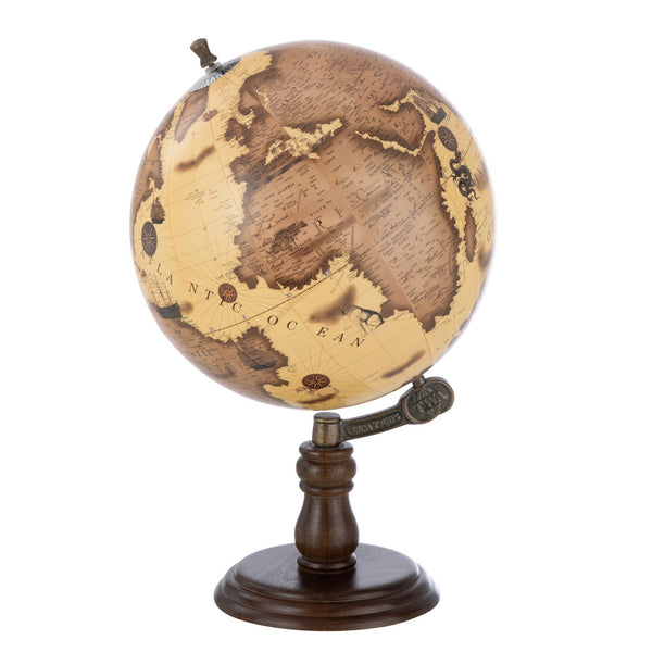 Set of 2 world globes made of wood in orange brown on a base