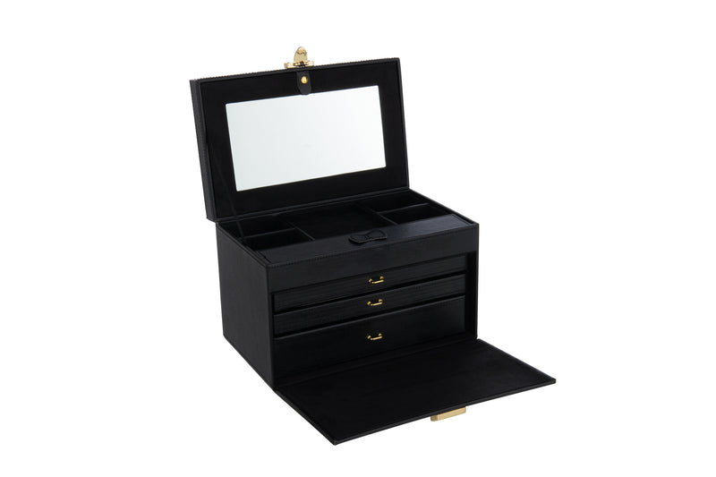 Elegant jewelry box with handle and mirror in black imitation leather