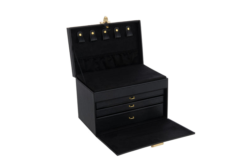 Elegant jewelry box with handle and mirror in black imitation leather