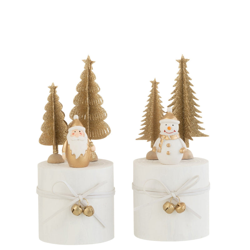 Witgouden houten decoratieset Kerstman &amp; Sneeuwpop, set van 6, ronde voet