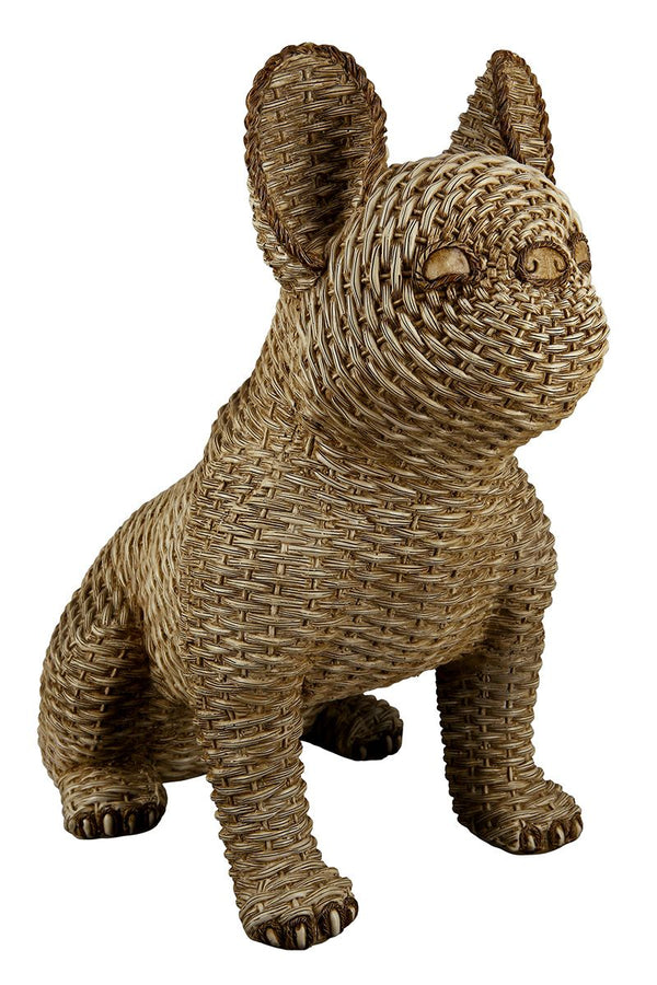 Charming poly pug in rattan look, sitting, light brown - made of synthetic resin