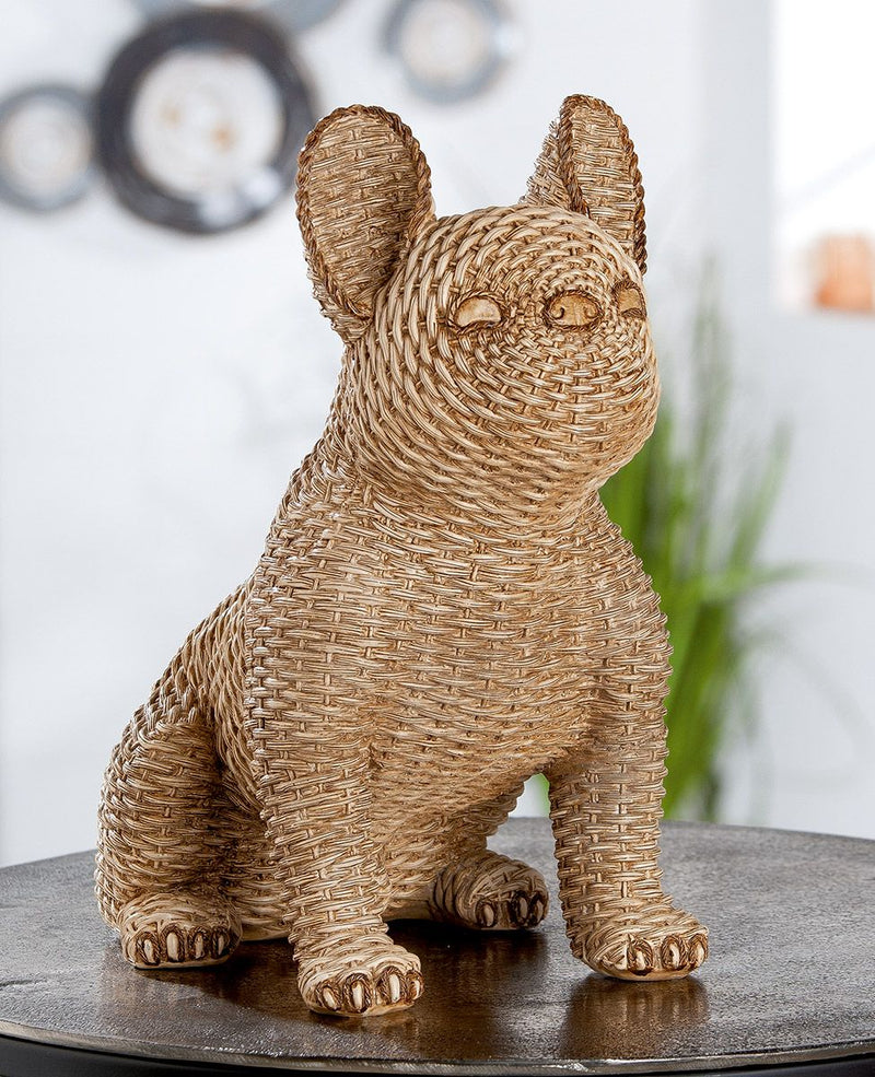 Charming poly pug in rattan look, sitting, light brown - made of synthetic resin
