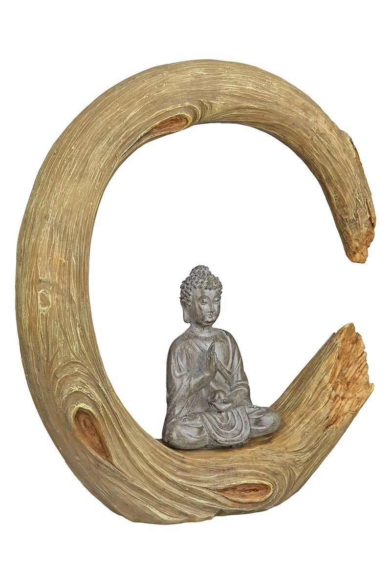 Sculptuur Boeddha natuurlijke kleur in houtlook hoogte 22cm