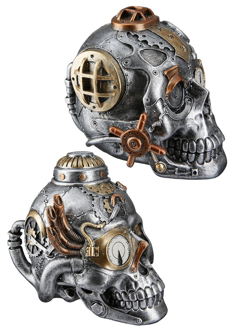 Handgefertigtes 2-teiliges Poly Skulptur Set 'Steampunk Skull' im Industriellen Stil