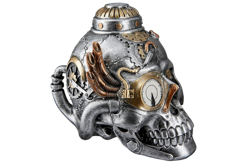 Handgefertigtes 2-teiliges Poly Skulptur Set 'Steampunk Skull' im Industriellen Stil