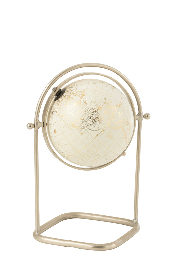 Cosmo Elegance – Weltkugel-Globus in Weiß-Gold mit Silberrahmen auf Metallfuß