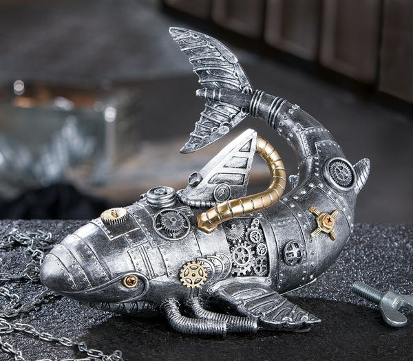 2er Set Künstlerische Steampunk HAI Skulpturen - Antik Silber mit Goldfarbenen Elementen