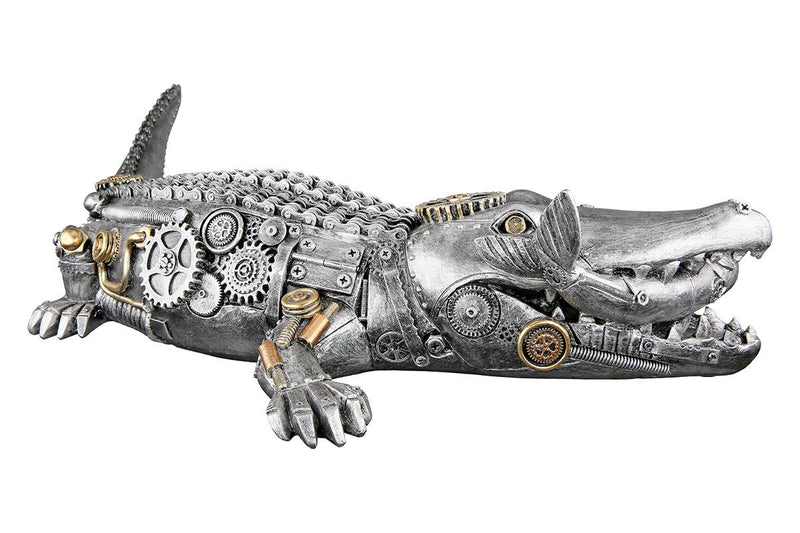 Imposantes Steampunk Crocodile Kunstwerk - Antik Silber mit Goldfarbenen Elementen