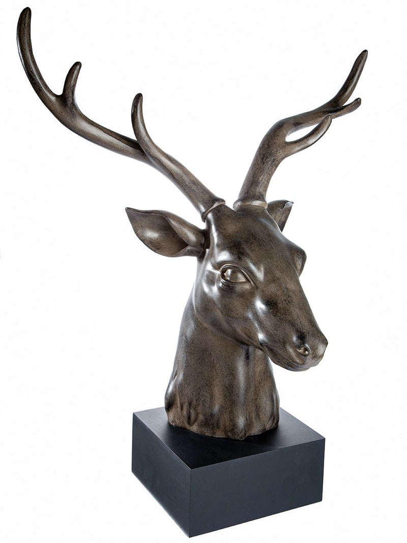 Sculptuur "Hertenkop" op Voet - Artistieke voorstelling van een hert in donkerbruin op een zwarte voet