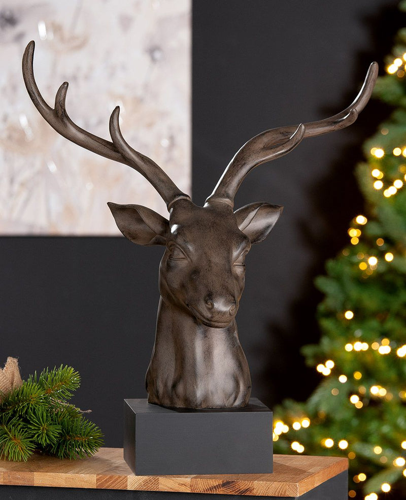 Sculpture "Deer Head" on Base - Artistic depiction of a deer in dark brown on a black base