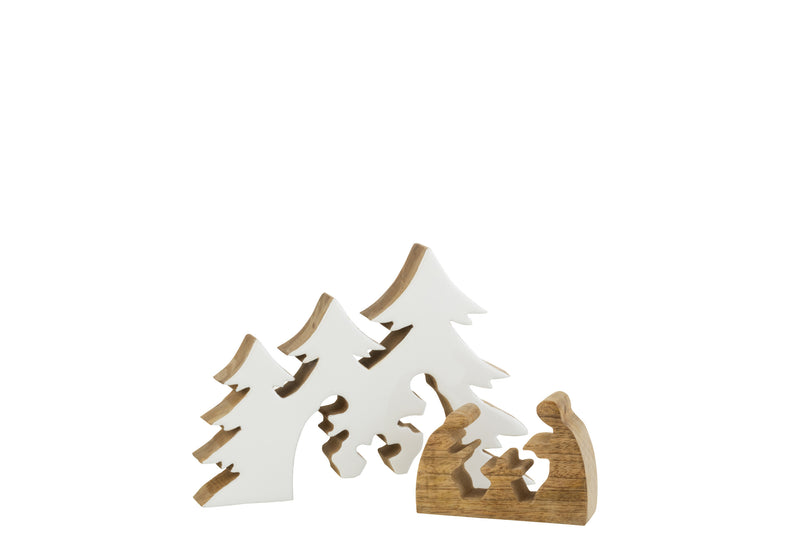 Set of 4 wooden puzzle nativity scenes with white tree background - Natural charm for Christmas decoration