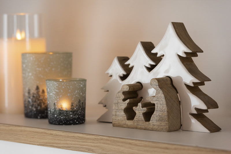 Set van 4 houten puzzel kerststallen met witte boomachtergrond - Natuurlijke charme voor kerstdecoratie