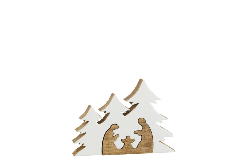 Set van 4 houten puzzel kerststallen met witte boomachtergrond - Natuurlijke charme voor kerstdecoratie