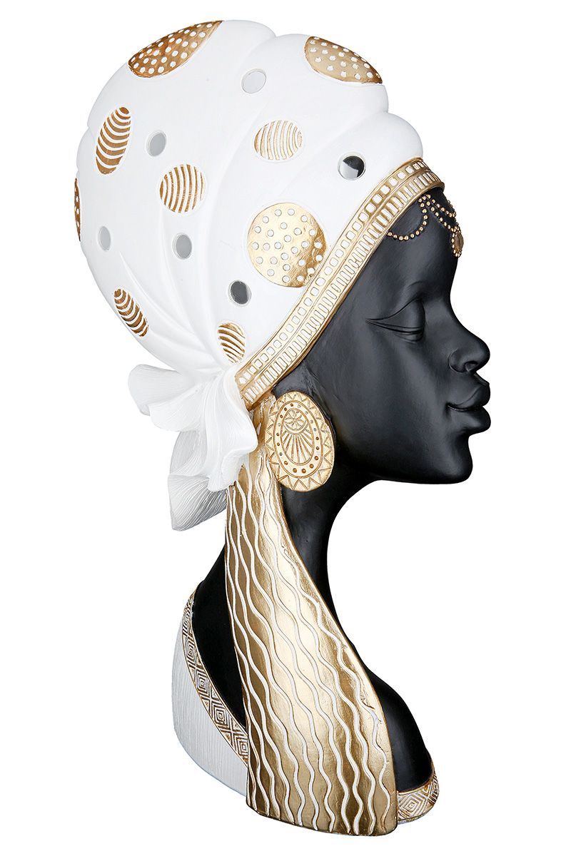 Kunstharzfigur 'Mara' – Afrikanische Frau mit Kopftuch in Creme und Schwarz