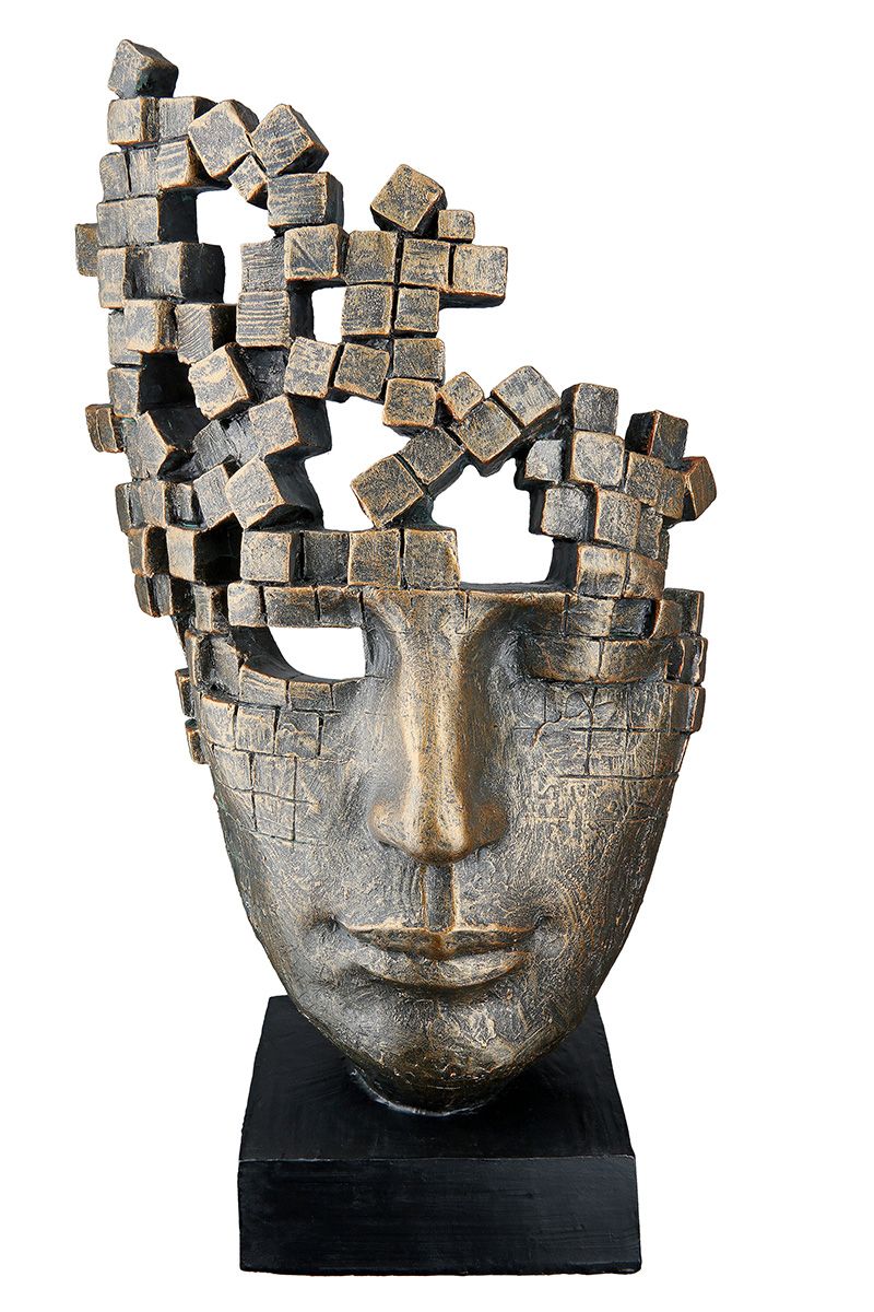 Modern 'Male Mask' sculpture with cube thoughts - resin sculpture on base