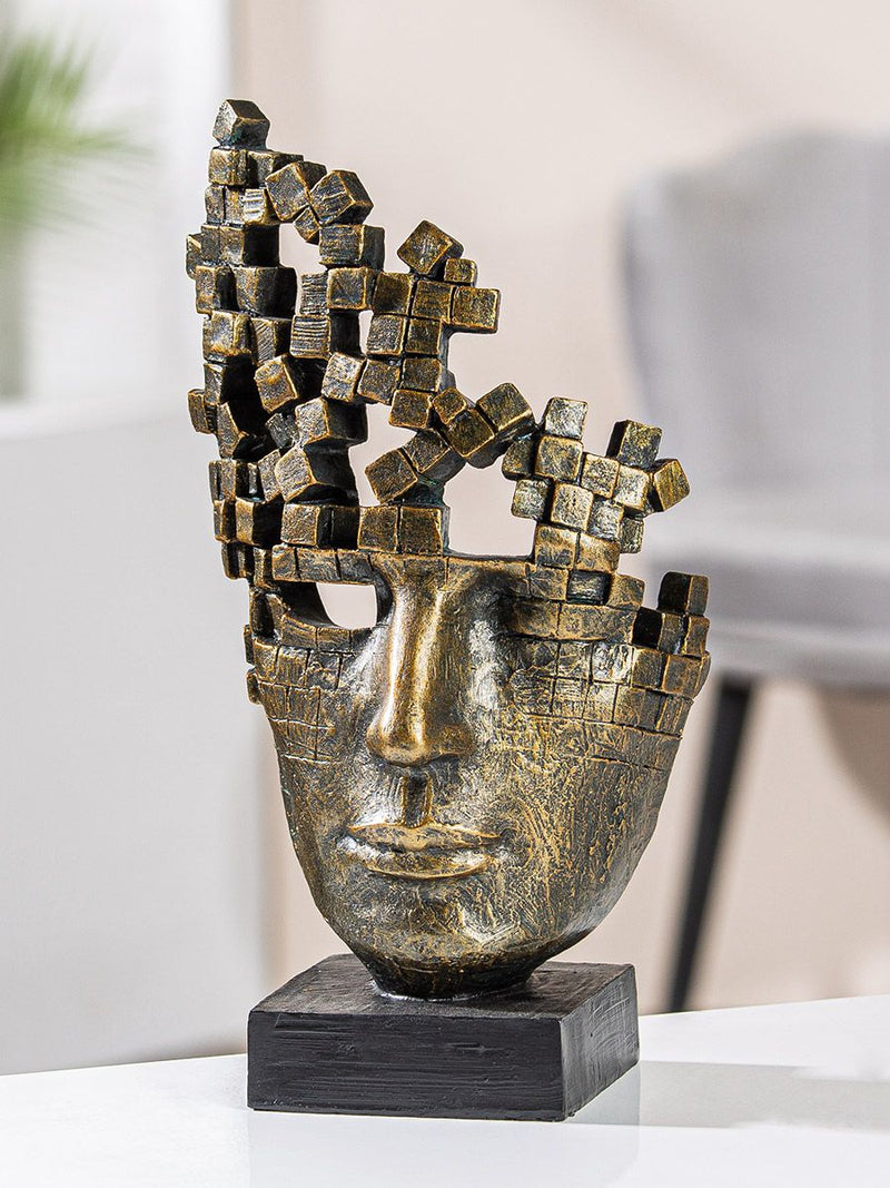 Modern 'Male Mask' sculpture with cube thoughts - resin sculpture on base