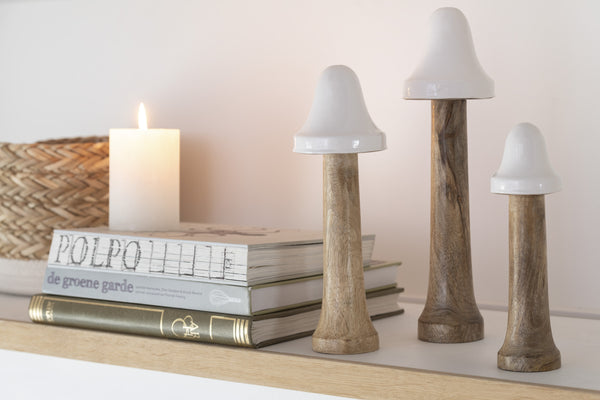 Set van 9 dunne houten paddenstoelen in naturel wit - decoratieve accenten voor je interieur