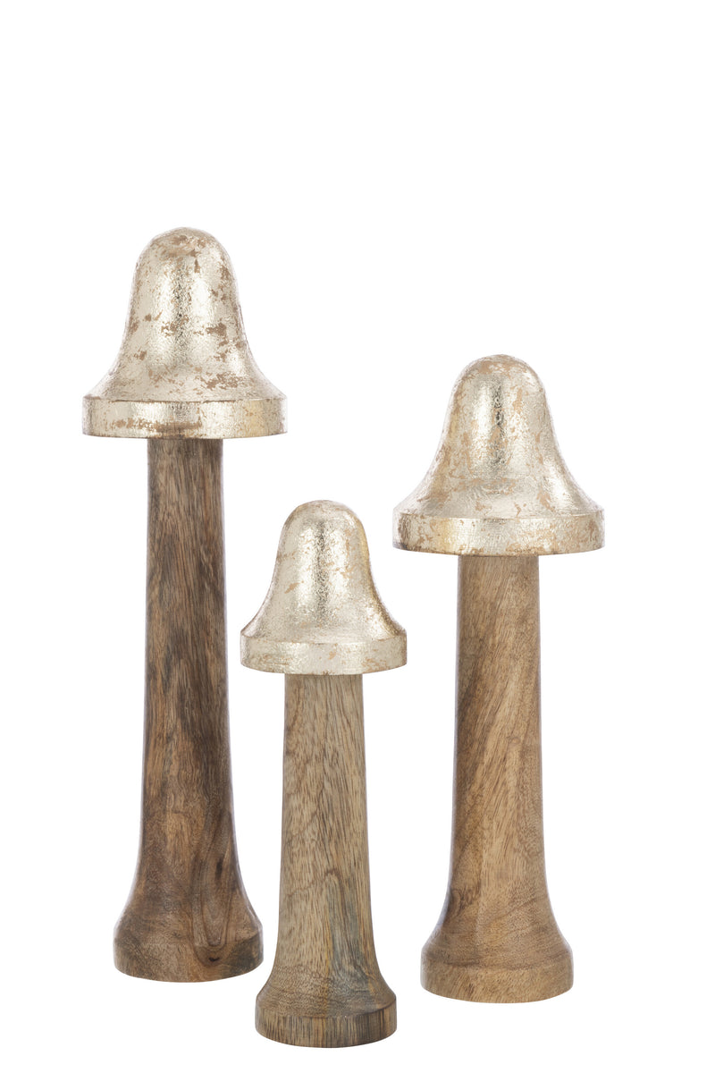Golden Cap Trio - 9-piece mushroom decoration set made of natural wood with golden tips
