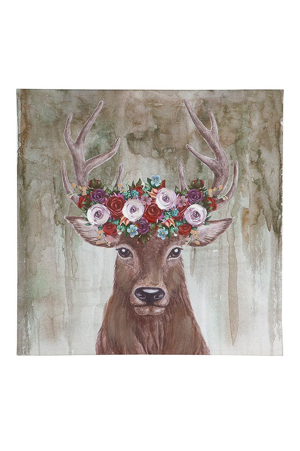 Set of 2 picture deer with flower wreath - natural wood and linen combination for a touch of spring 40cm