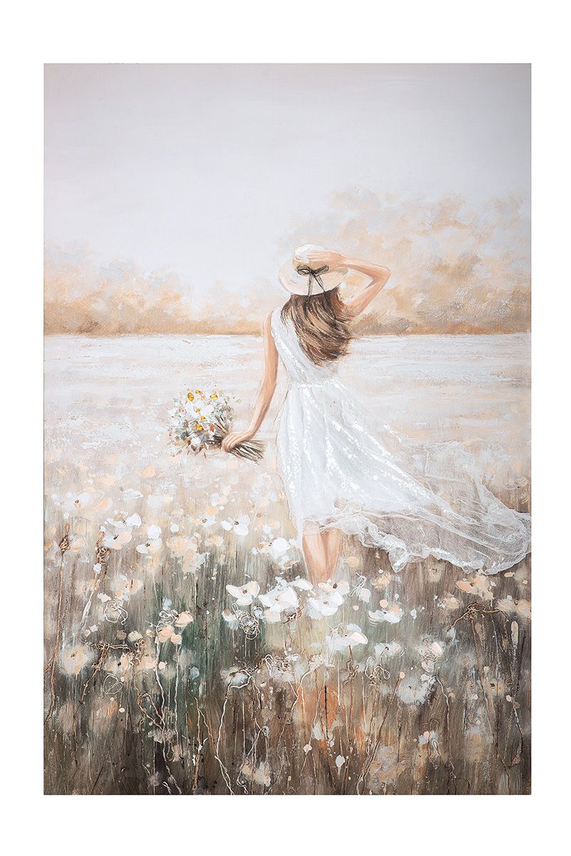 Wooden linen picture Beauty in a sea of ​​flowers - hand-painted illustration in cream and natural colors