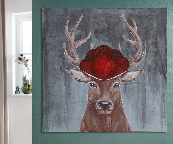 Set of 2 pictures 'Deer with Bollenhut' - stylish wood and linen combination for art lovers