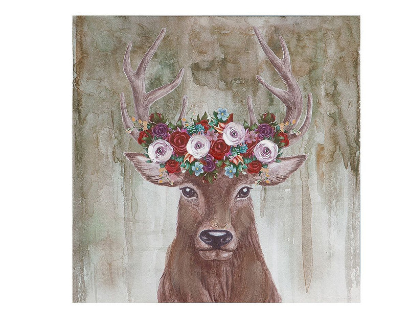 Set of 2 picture deer with flower wreath - natural wood and linen combination for a touch of spring