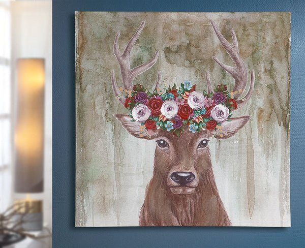 Set of 2 picture deer with flower wreath - natural wood and linen combination for a touch of spring
