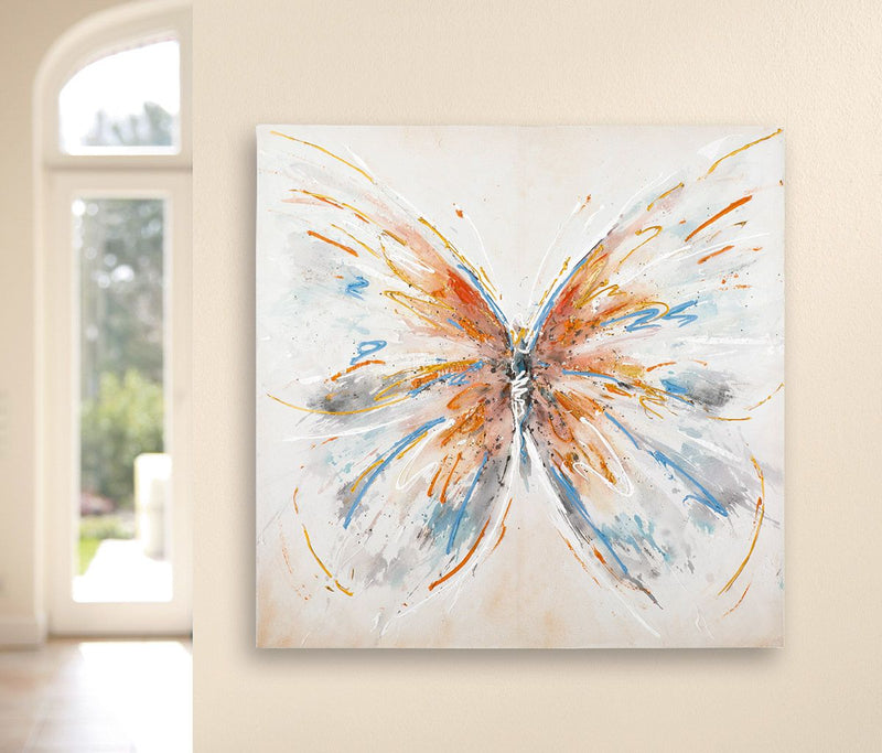 Wood/linen picture butterfly - elegant representation in cream, orange and blue