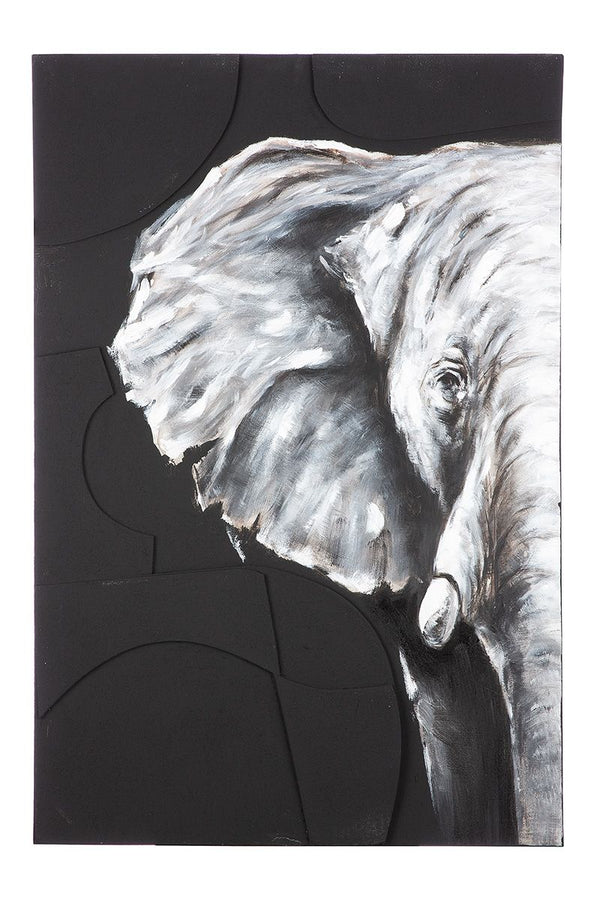 Hand-painted canvas picture elephant - grey/white, 60x90 cm, handicraft and animal portrait