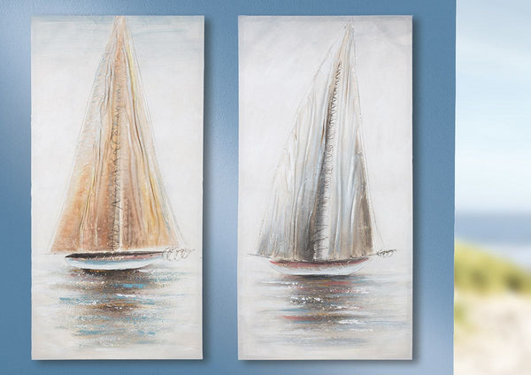 Handgeschilderde canvasafbeeldingen "Diana", set van 2 met zeilbootmotief, 100 x 50 cm