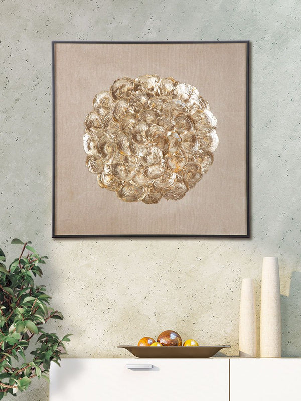 Square wall picture Tuvalu with circle motif in gold and cream, 80 x 80 cm