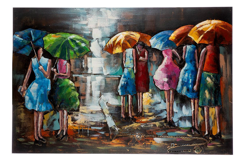 Rainy Summer - Handcrafted metal print with vibrant umbrella scene