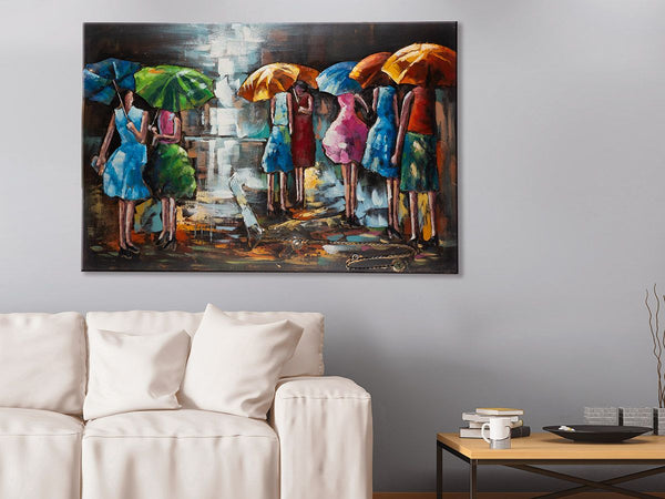 Rainy Summer - Handcrafted metal print with vibrant umbrella scene