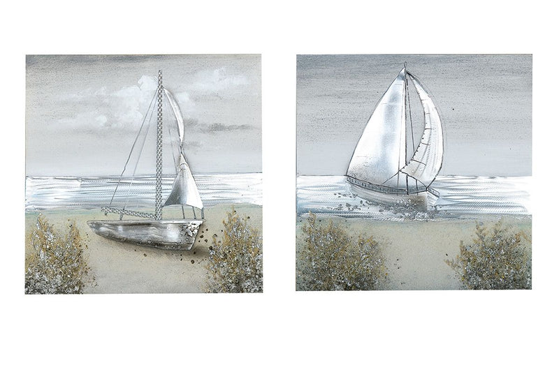 Handgeschilderde set van 2 aluminium canvasafbeeldingen "Zeilen", zeilbootmotief, 50 x 50 cm