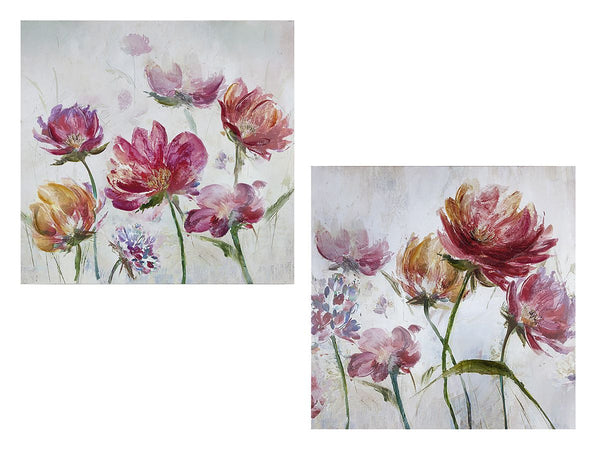 Set of 2 wooden linen picture paintings flower meadow - hand-painted works of art in grey/pink/orange